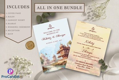 Editable Indian palace wedding invitation templates featuring elegant illustrations and wedding details