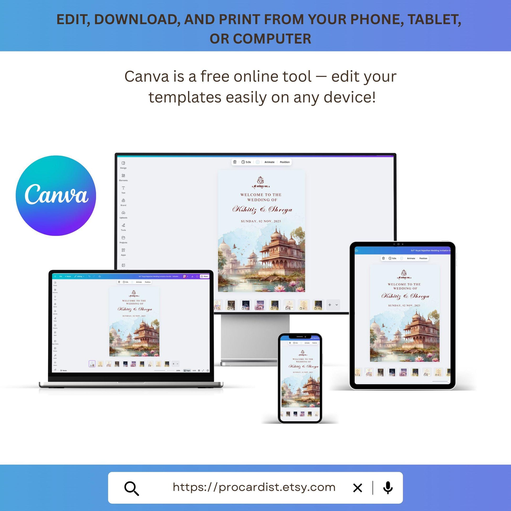 Editable Indian palace wedding invitation templates showcased on various devices using Canva for easy editing