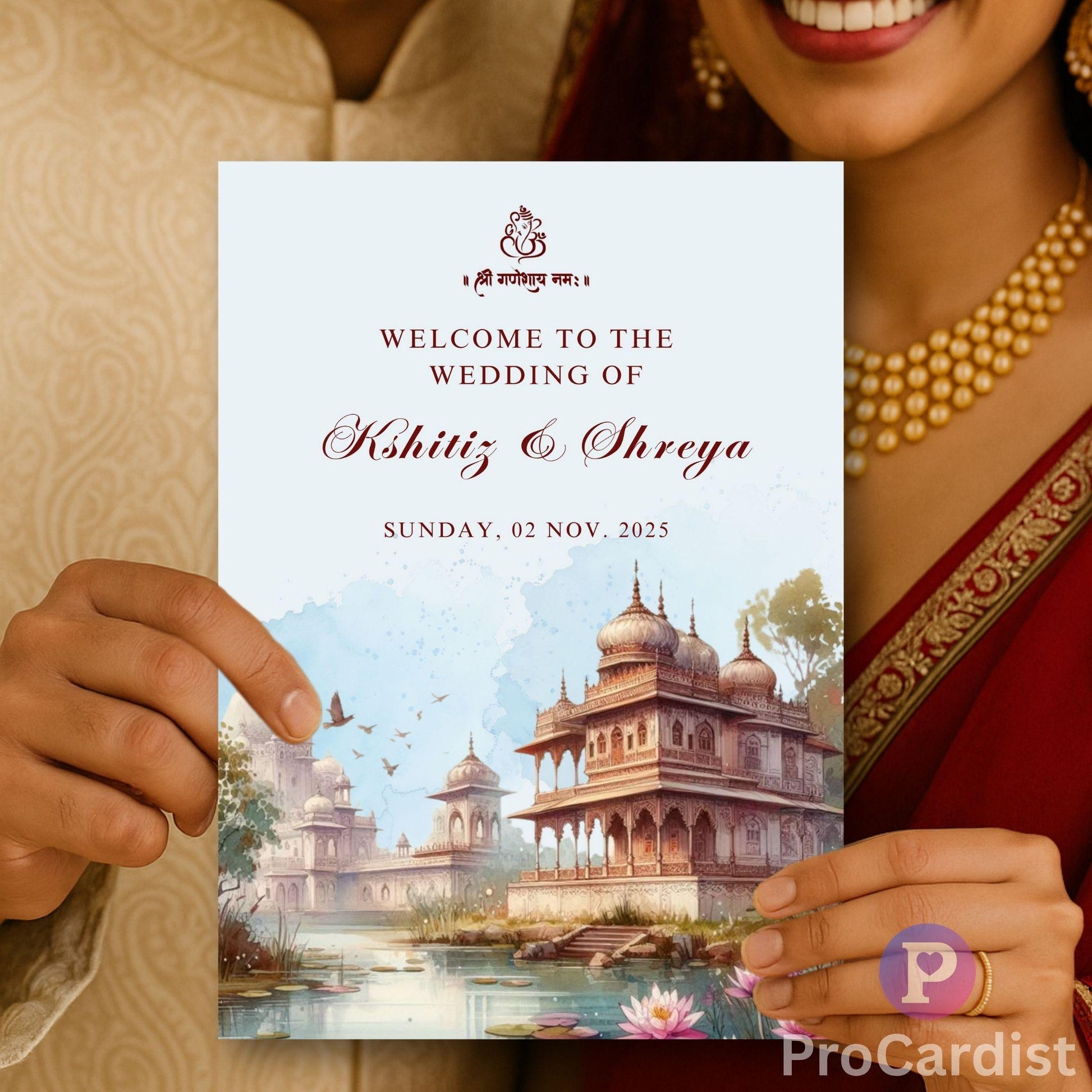 Editable Indian palace wedding invitation templates for Khiti and Shreya, featuring beautiful architecture