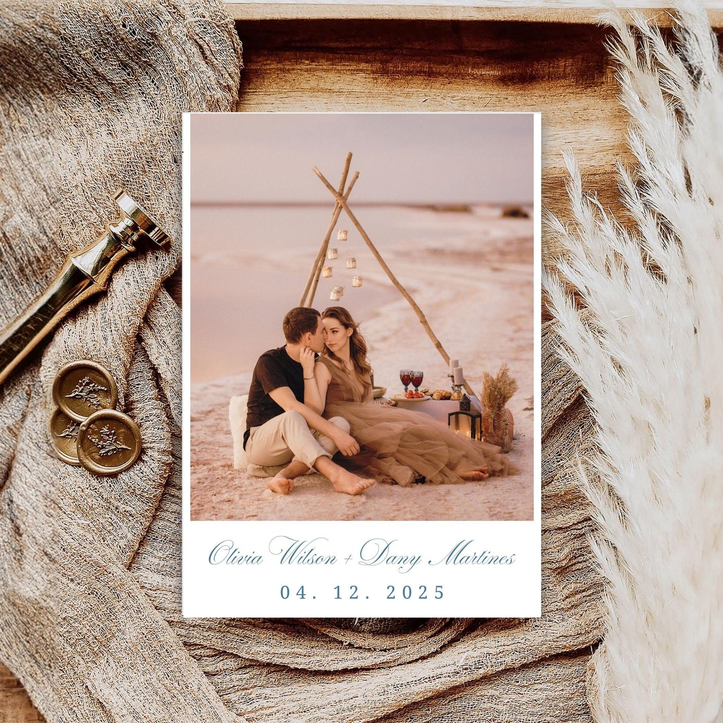 Editable sunset wedding invite template featuring a romantic couple on the beach with a stylish boho setting