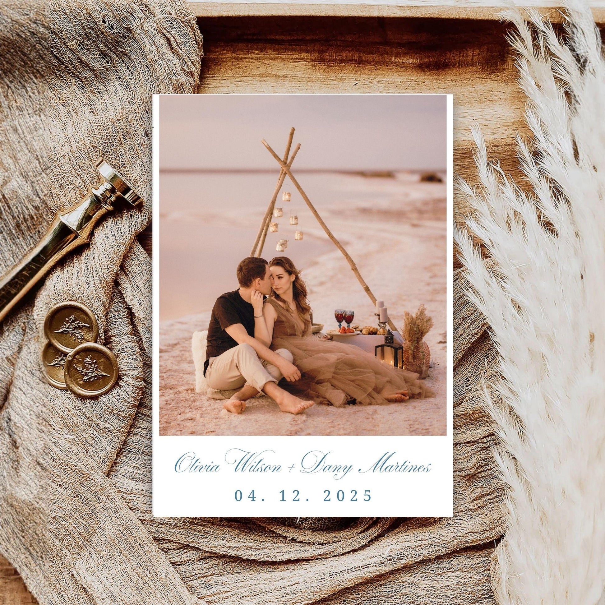 Editable sunset wedding invite template featuring a romantic couple on the beach with a stylish boho setting