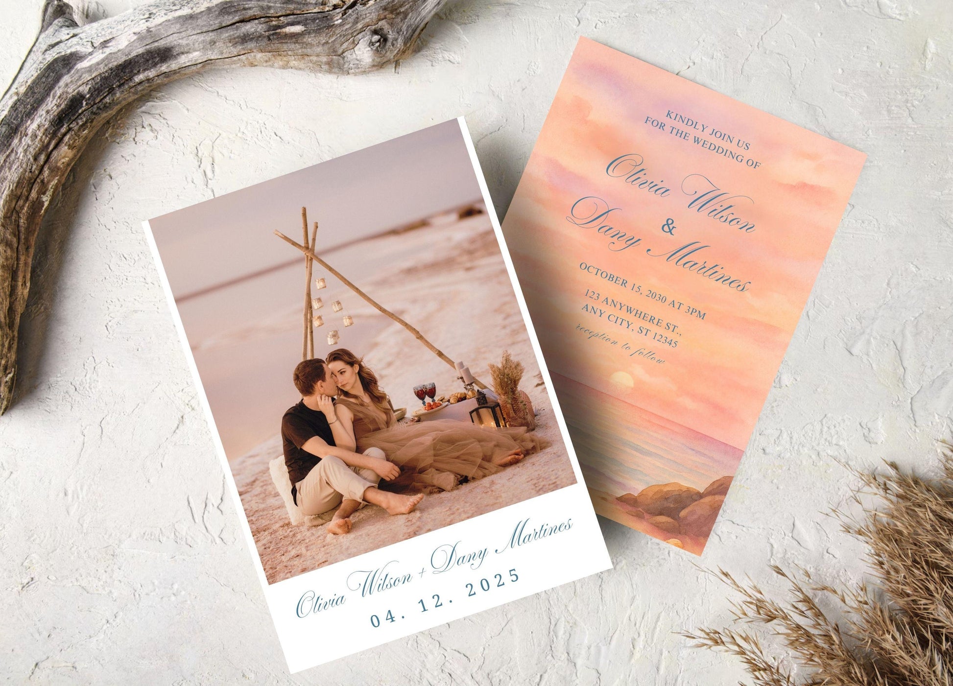Editable sunset wedding invite template featuring a beach scene and romantic typography by ProCardist