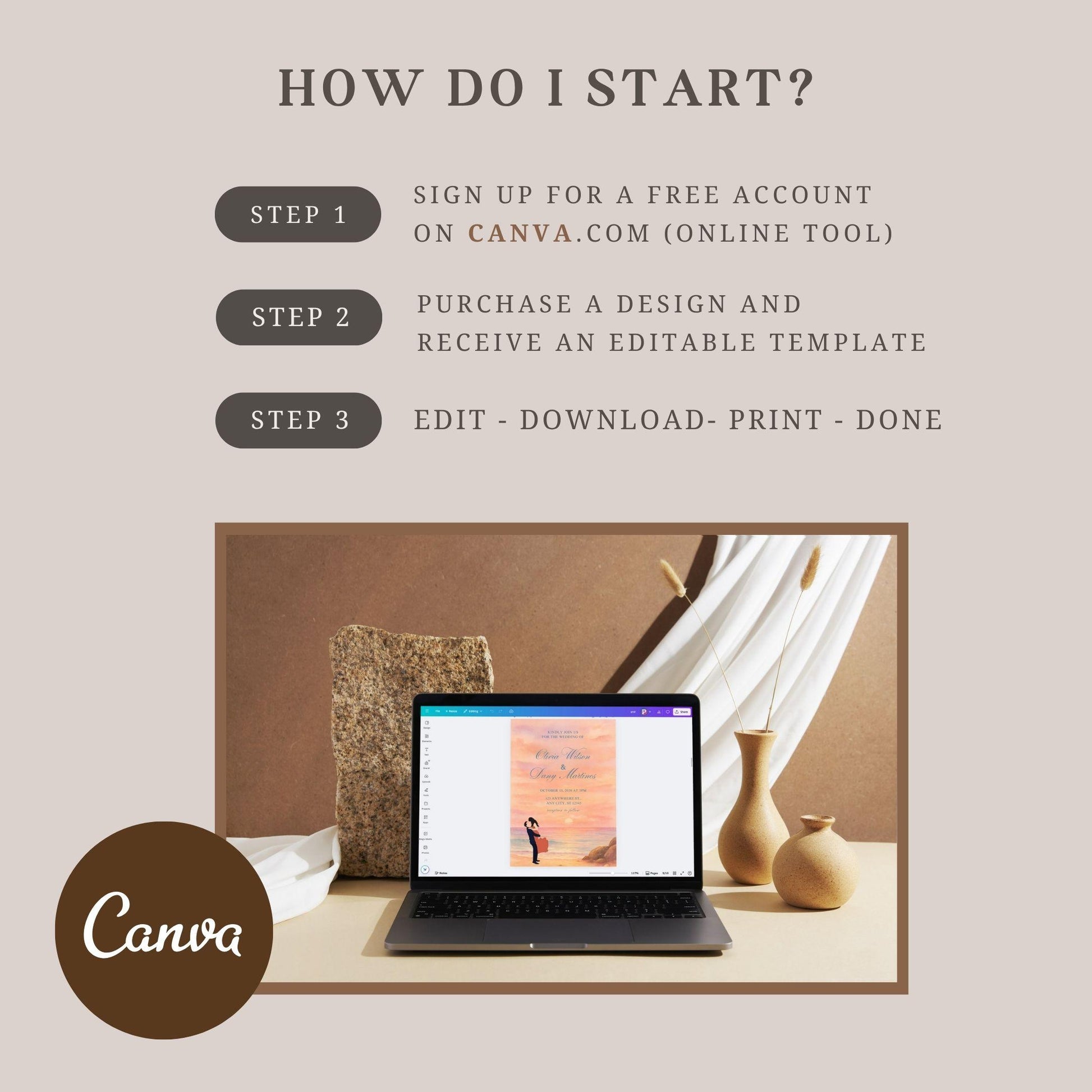 Editable sunset wedding invite template shown on laptop screen with Canva online editing steps