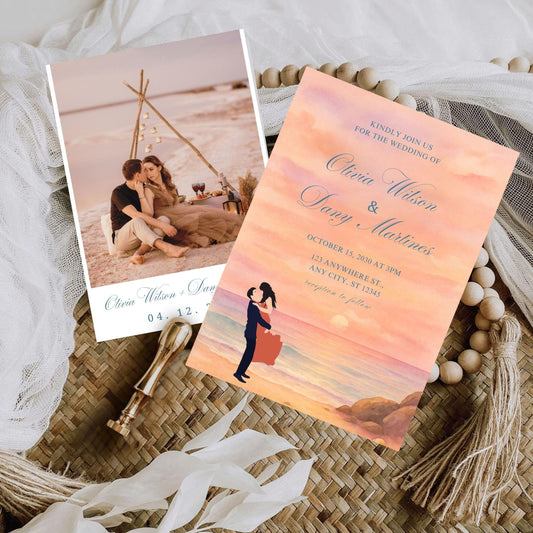 Editable sunset wedding invite template featuring a romantic beach scene and soft pastel colors
