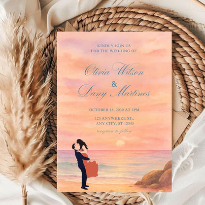 Editable sunset wedding invite template showing a couple embracing on the beach with soft peach and pink tones
