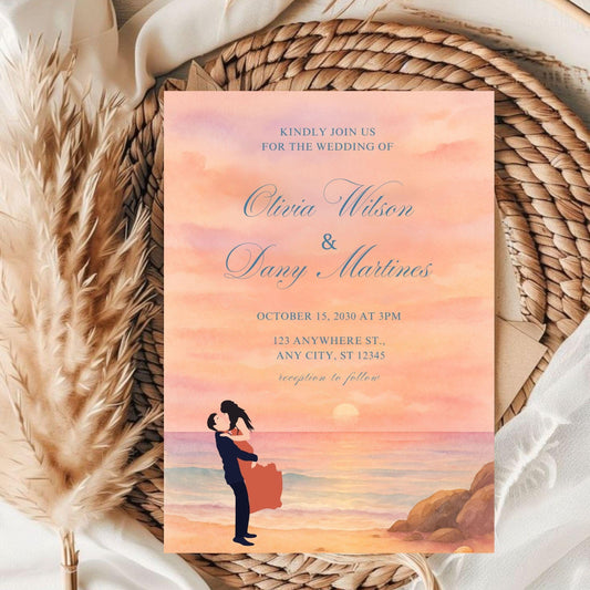 Editable sunset wedding invite template showing a couple embracing on the beach with soft peach and pink tones