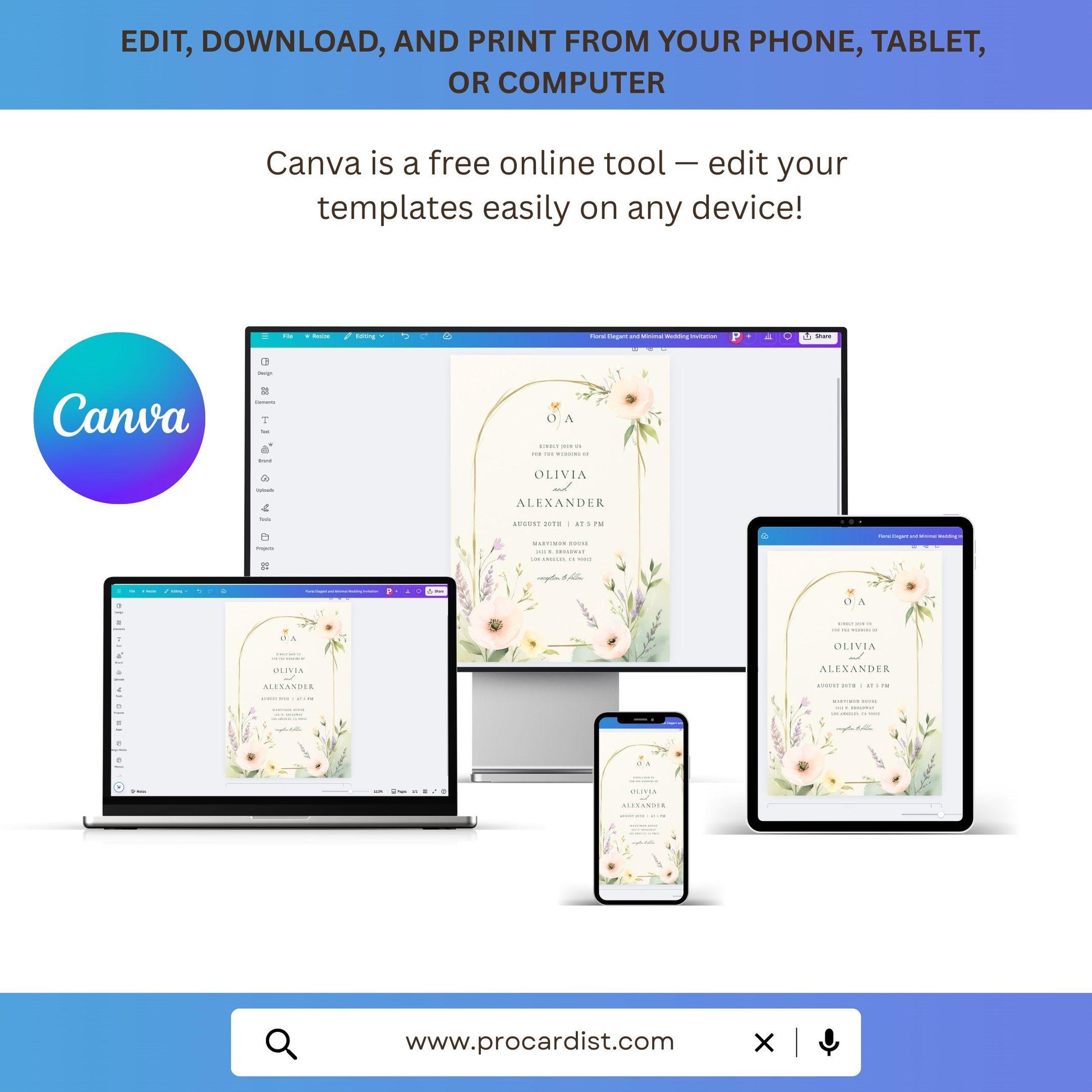Editable wedding invitation template showcased on multiple devices using Canva for easy customization