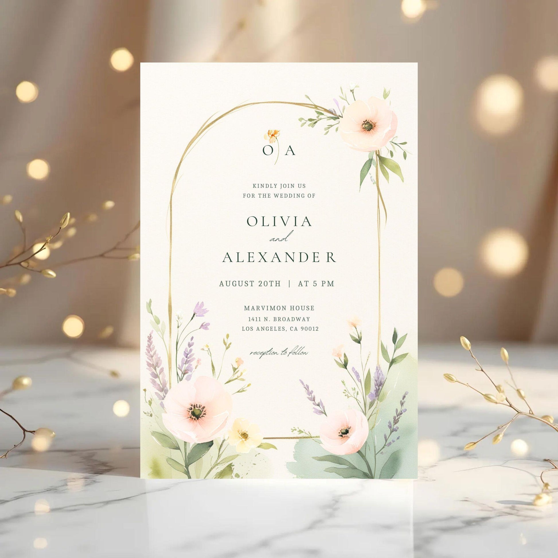 Editable wedding invitation template featuring elegant floral design and soft pastel colors for a beautiful wedding