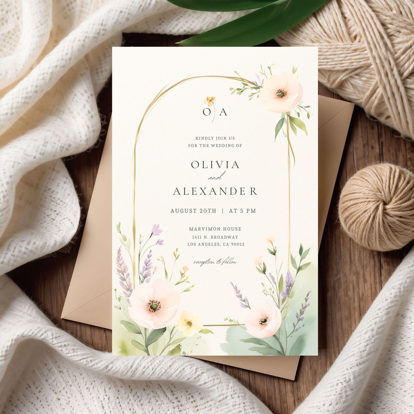 Editable wedding invitation template featuring floral designs, perfect for personalized wedding announcements