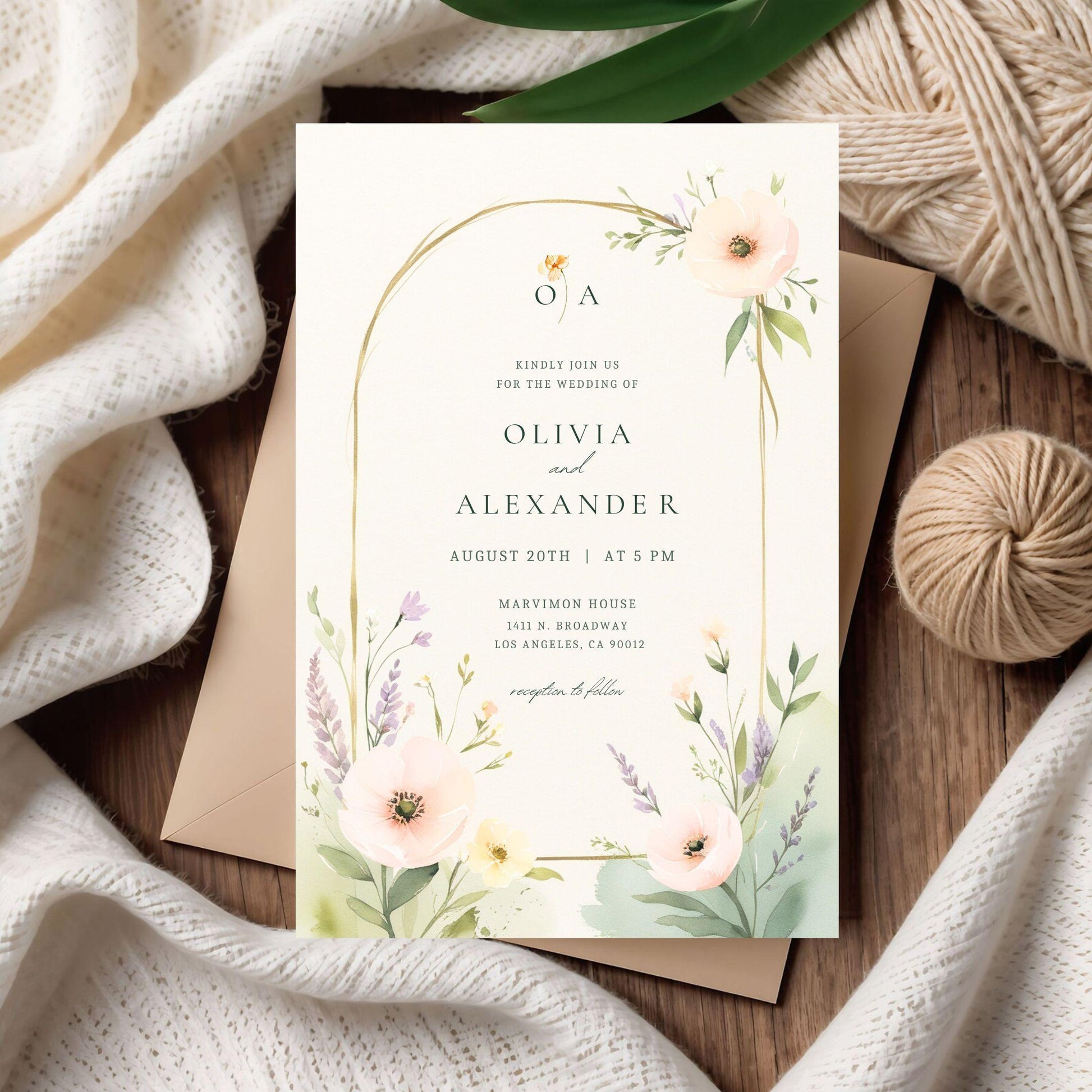 Editable wedding invitation template featuring floral designs, perfect for personalized wedding announcements