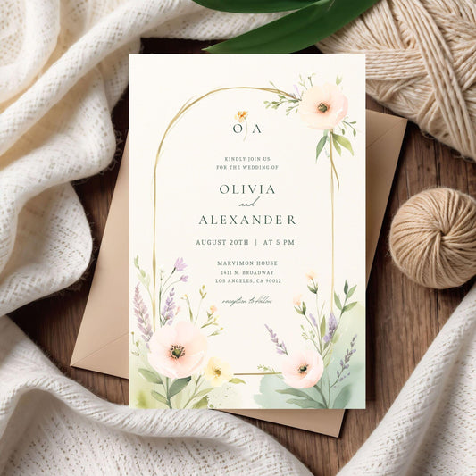 Editable wedding invitation template featuring floral designs, perfect for personalized wedding announcements
