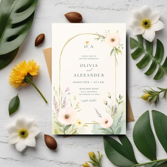 Editable wedding invitation template featuring floral designs and elegant typography for a romantic event
