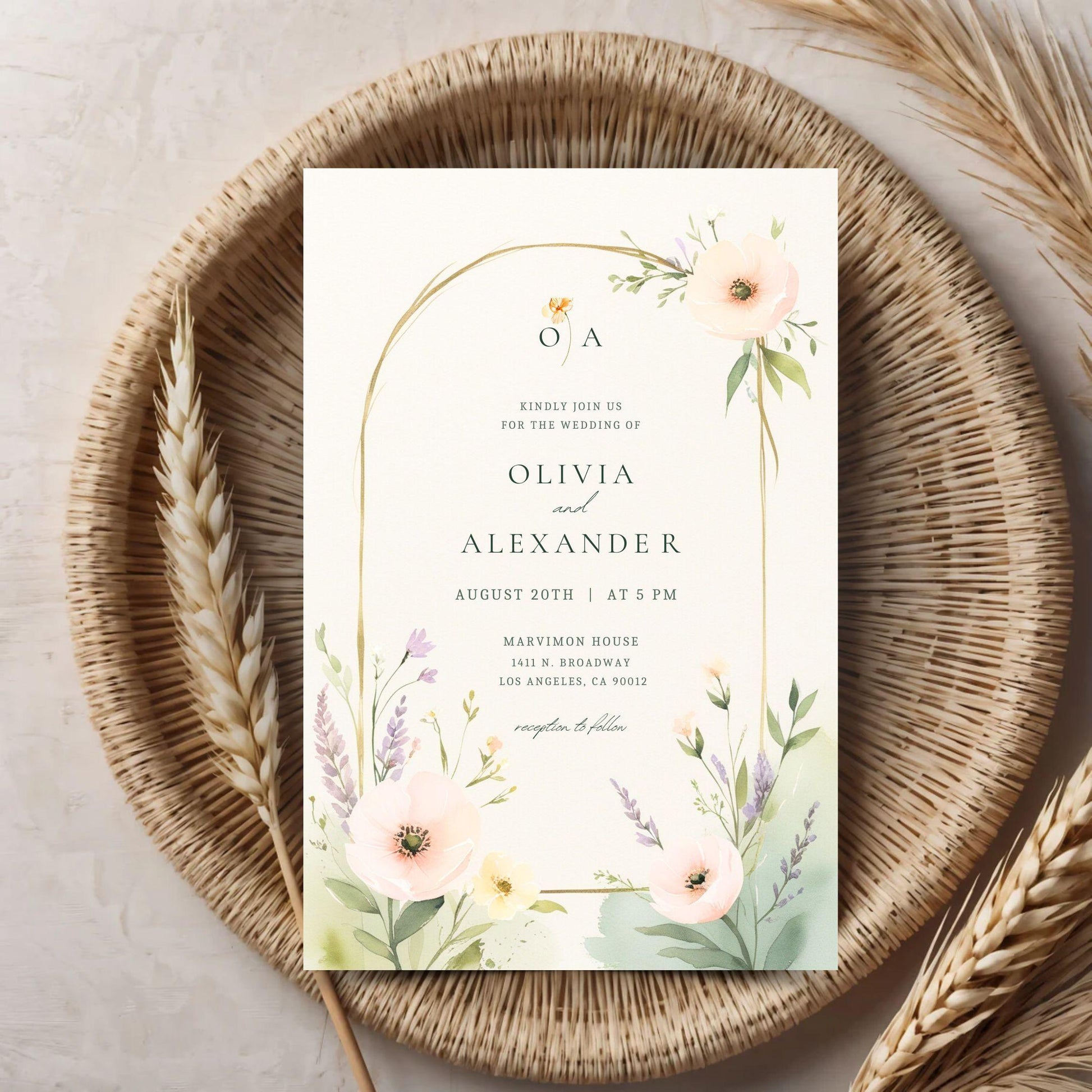 Editable wedding invitation template with floral design for Olivia and Alexander's wedding on August 20th