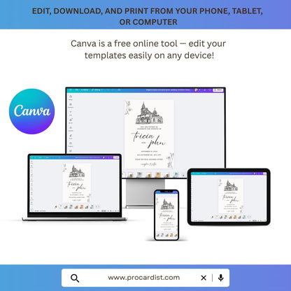Editable minimalist wedding invitation template displayed on computer, laptop, tablet, and phone via Canva