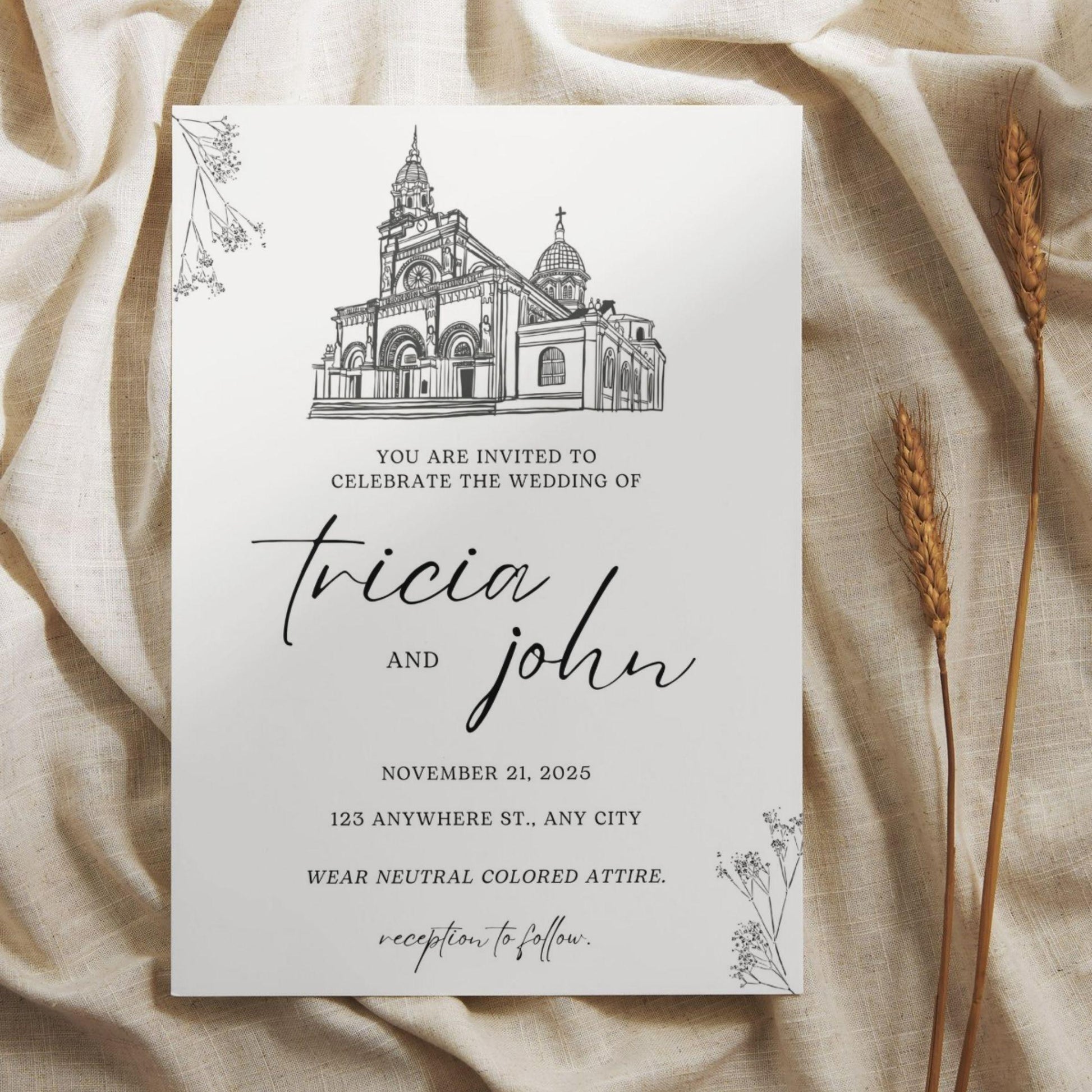 Minimalist wedding invitation template by ProCardist featuring elegant church illustration and modern typography