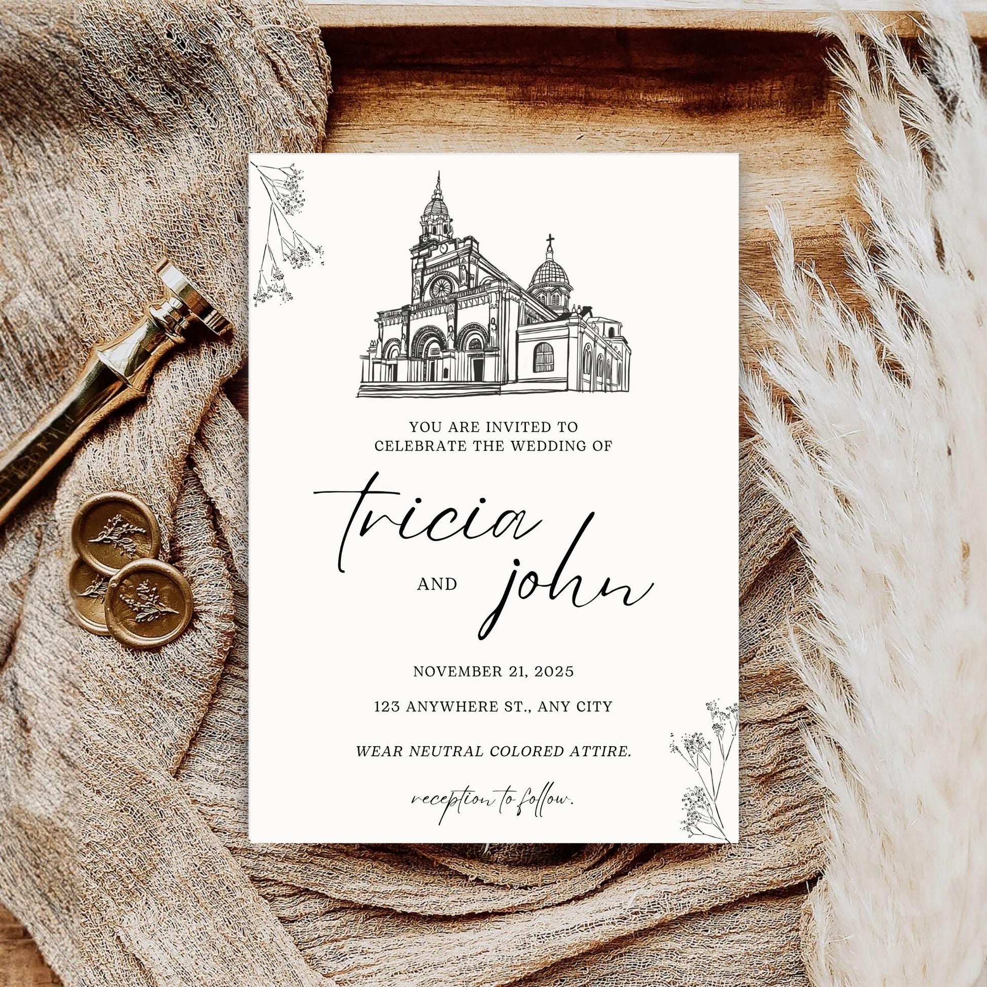 Minimalist wedding invitation template with elegant black church sketch and modern calligraphy names