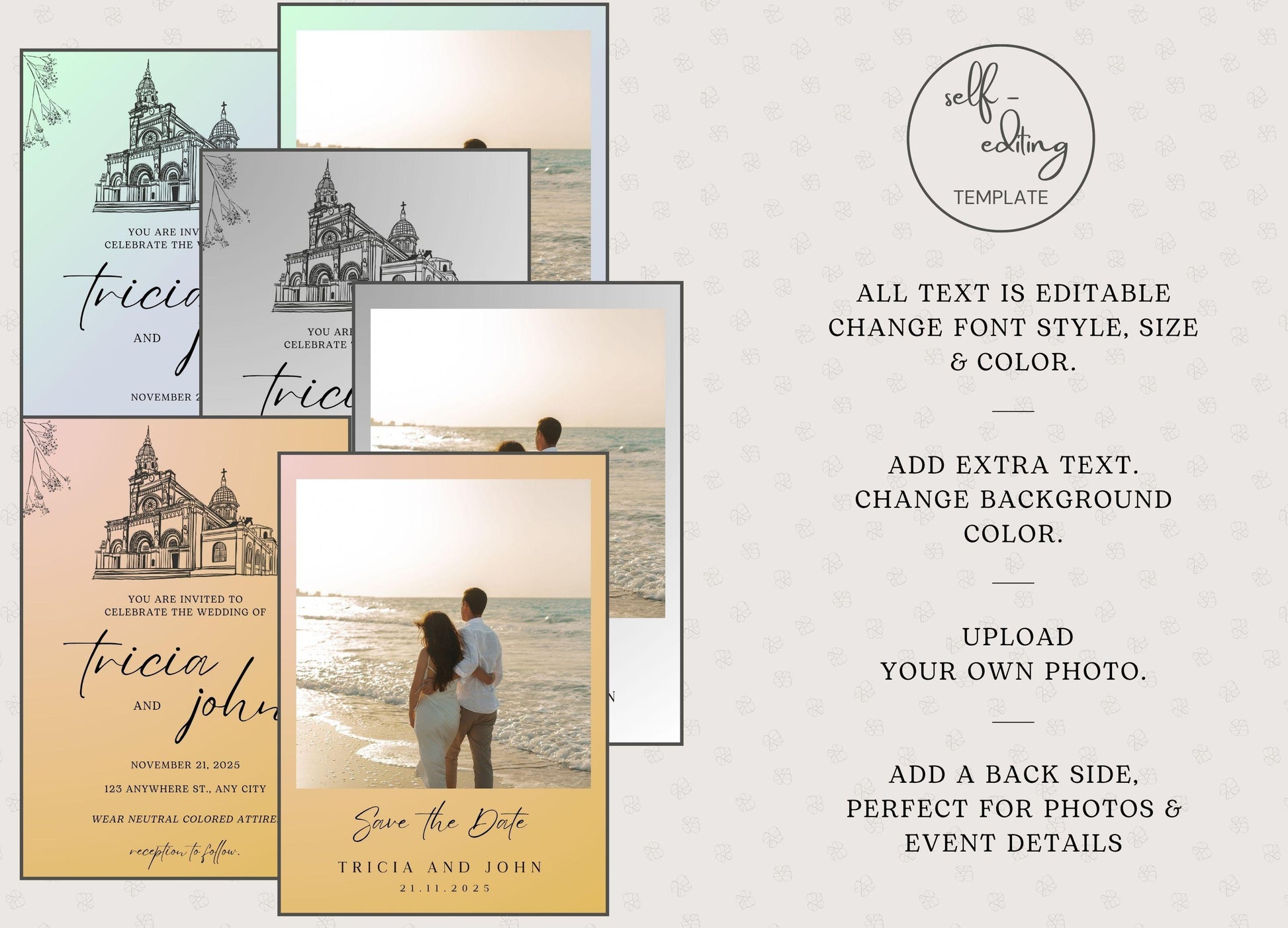 Minimalist wedding invitation template editable on Canva with customizable text and background by ProCardist