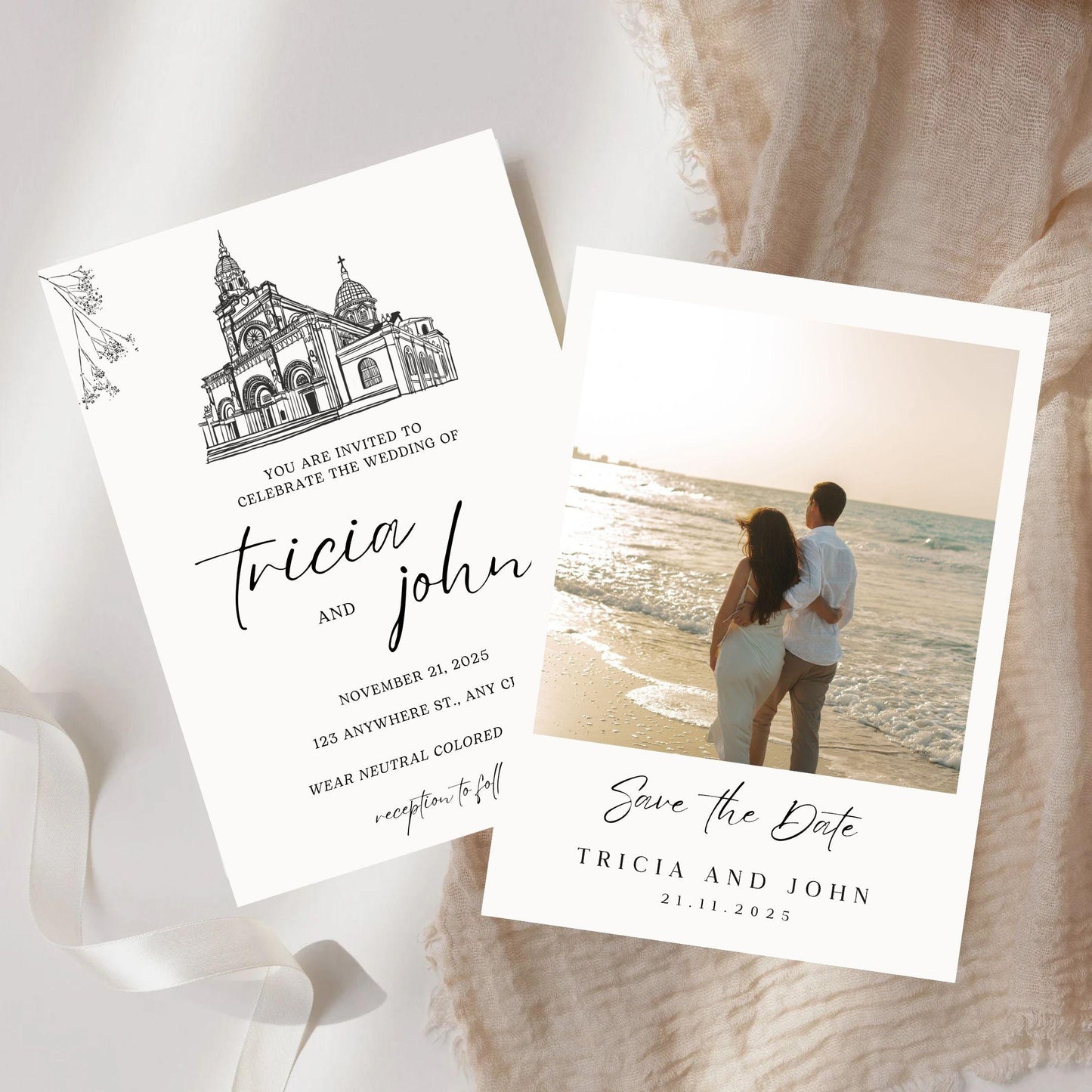 Editable minimalist wedding invitation template by ProCardist with elegant text and photo save the date design