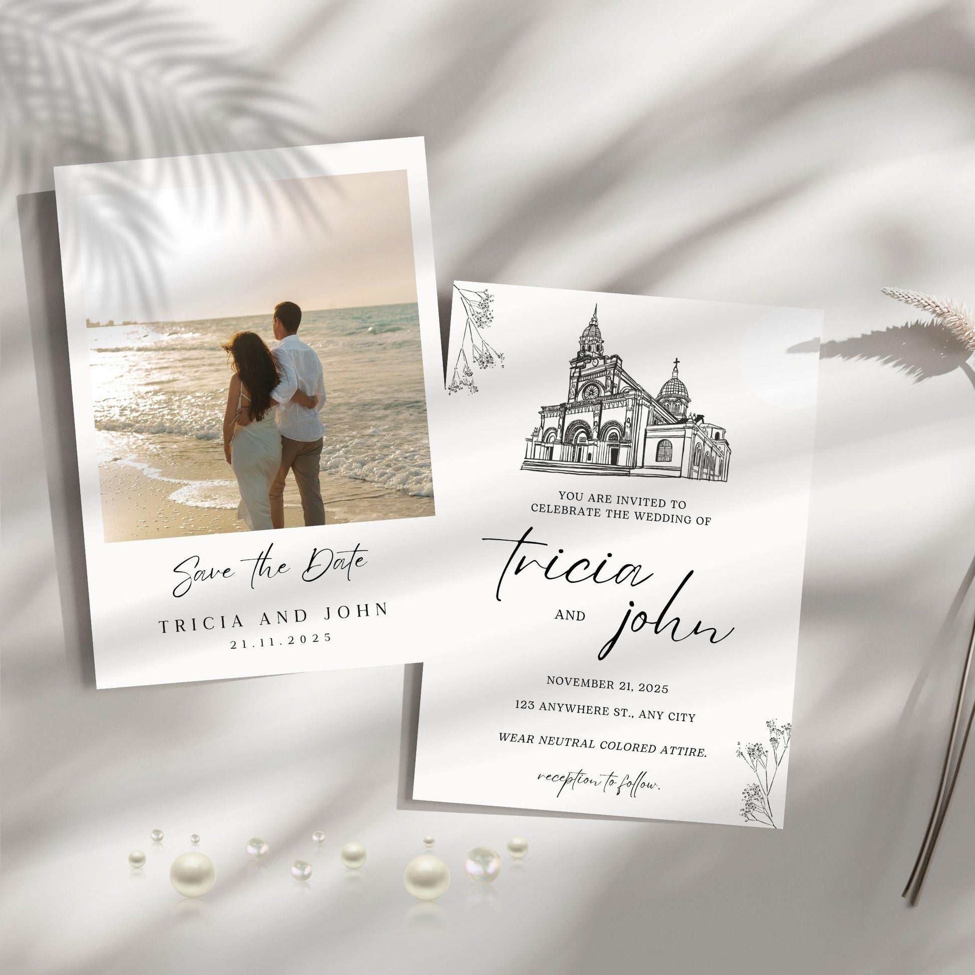 Minimalist wedding invitation template with beach photo and elegant black and white design by ProCardist