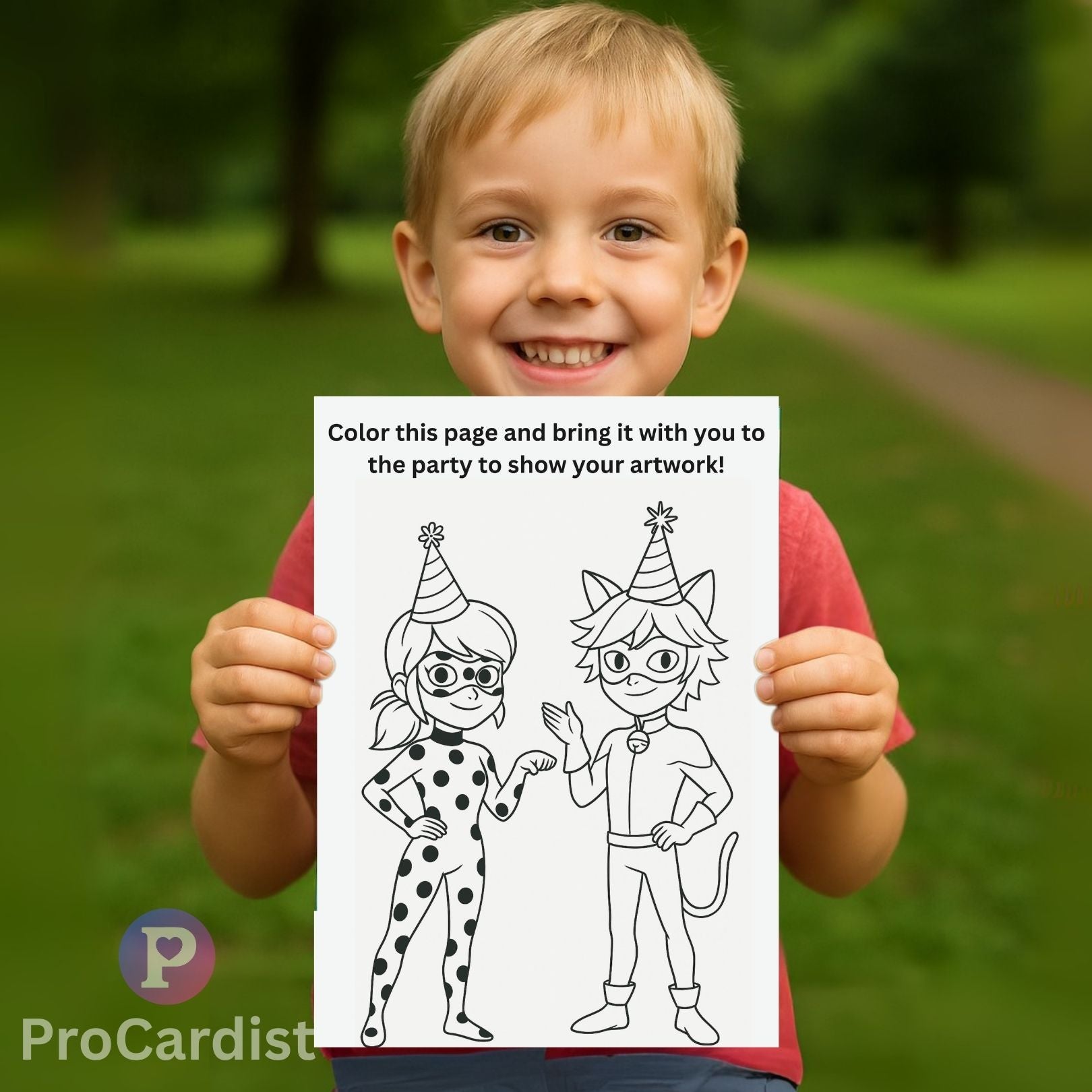 A child holding a Miraculous Ladybug birthday invitation coloring page in a park setting