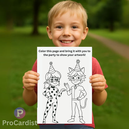 A child holding a Miraculous Ladybug birthday invitation coloring page in a park setting