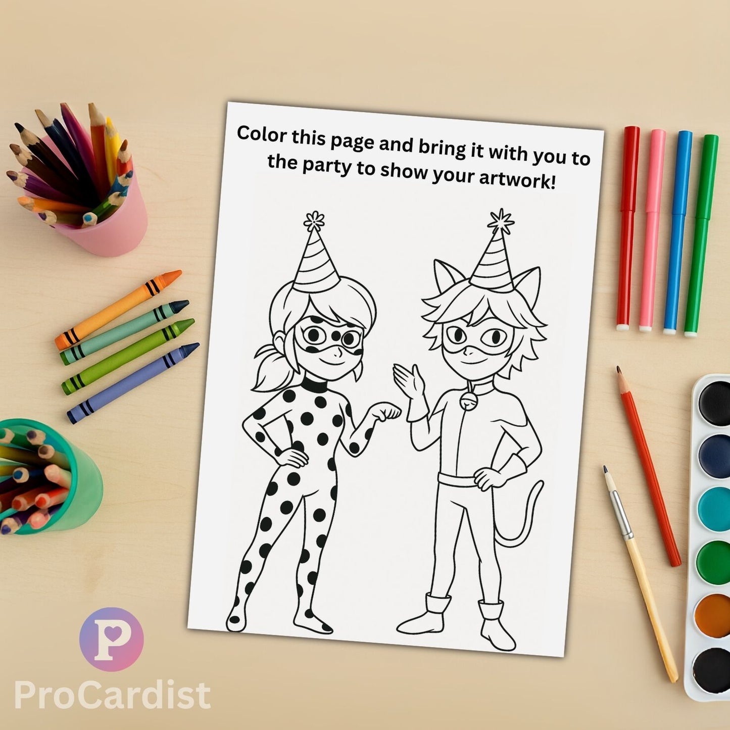 Coloring page featuring Miraculous Ladybug birthday invitation characters for kids' party activities