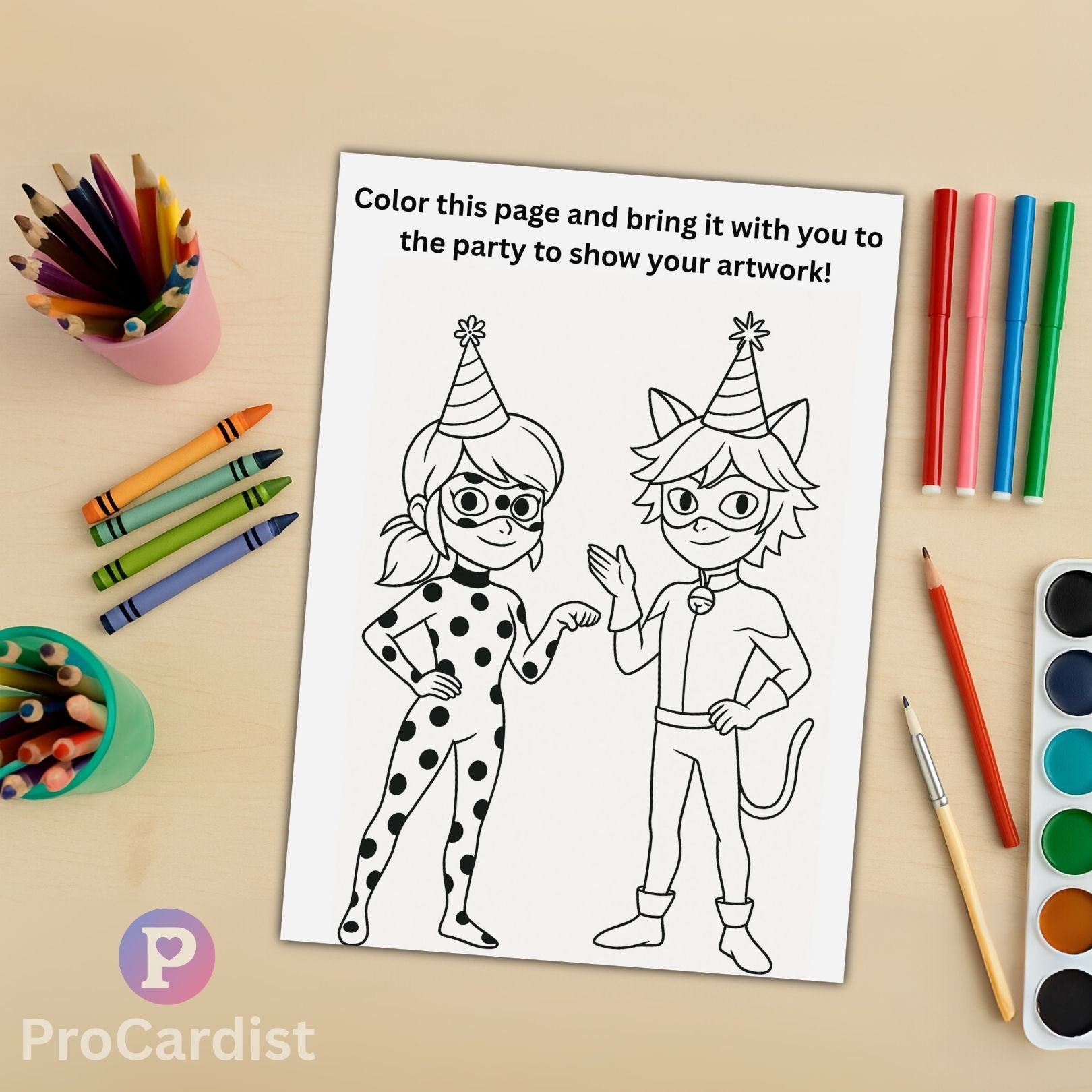 Coloring page featuring Miraculous Ladybug birthday invitation characters for kids' party activities