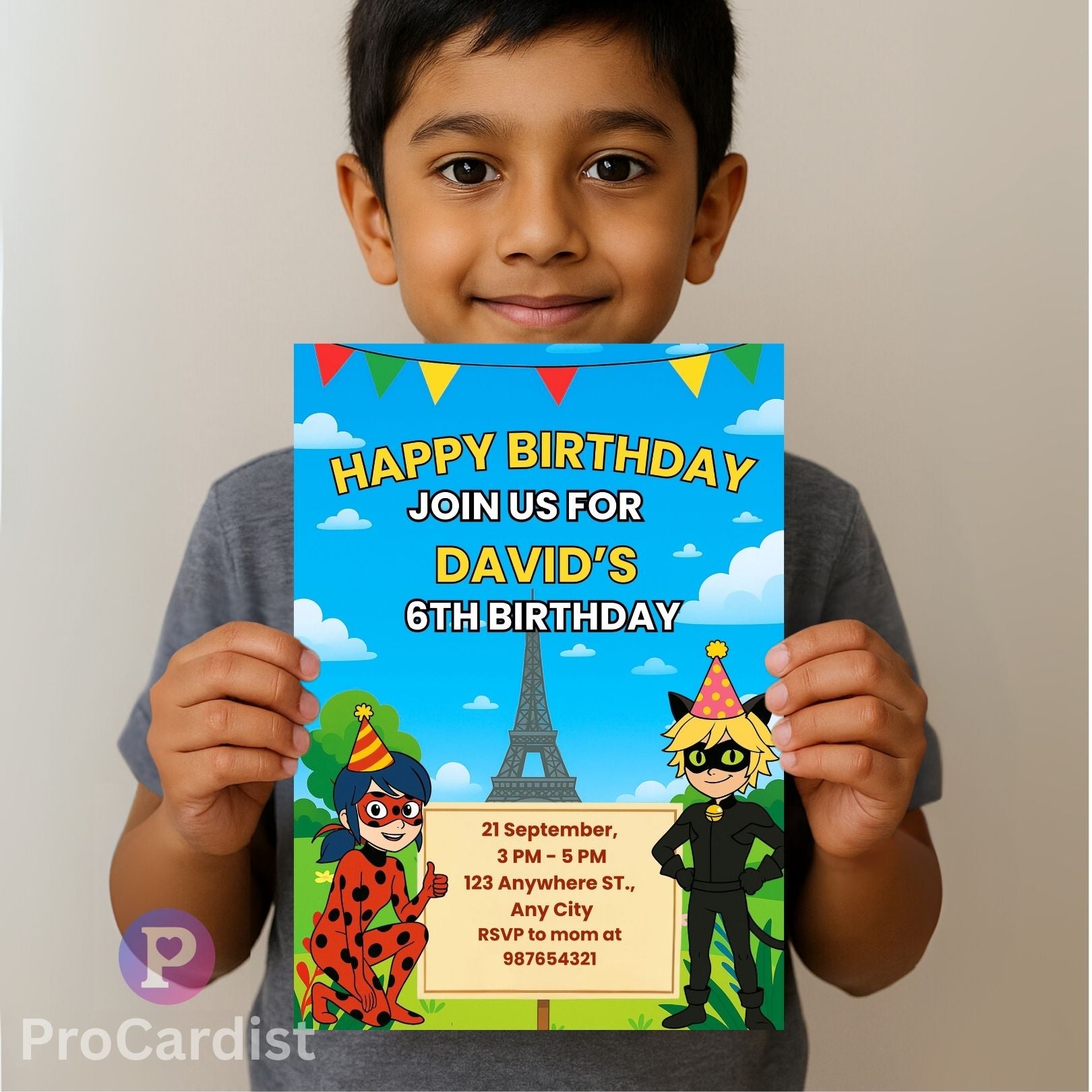 Miraculous Ladybug birthday invitation for David's 6th birthday with colorful design and party details