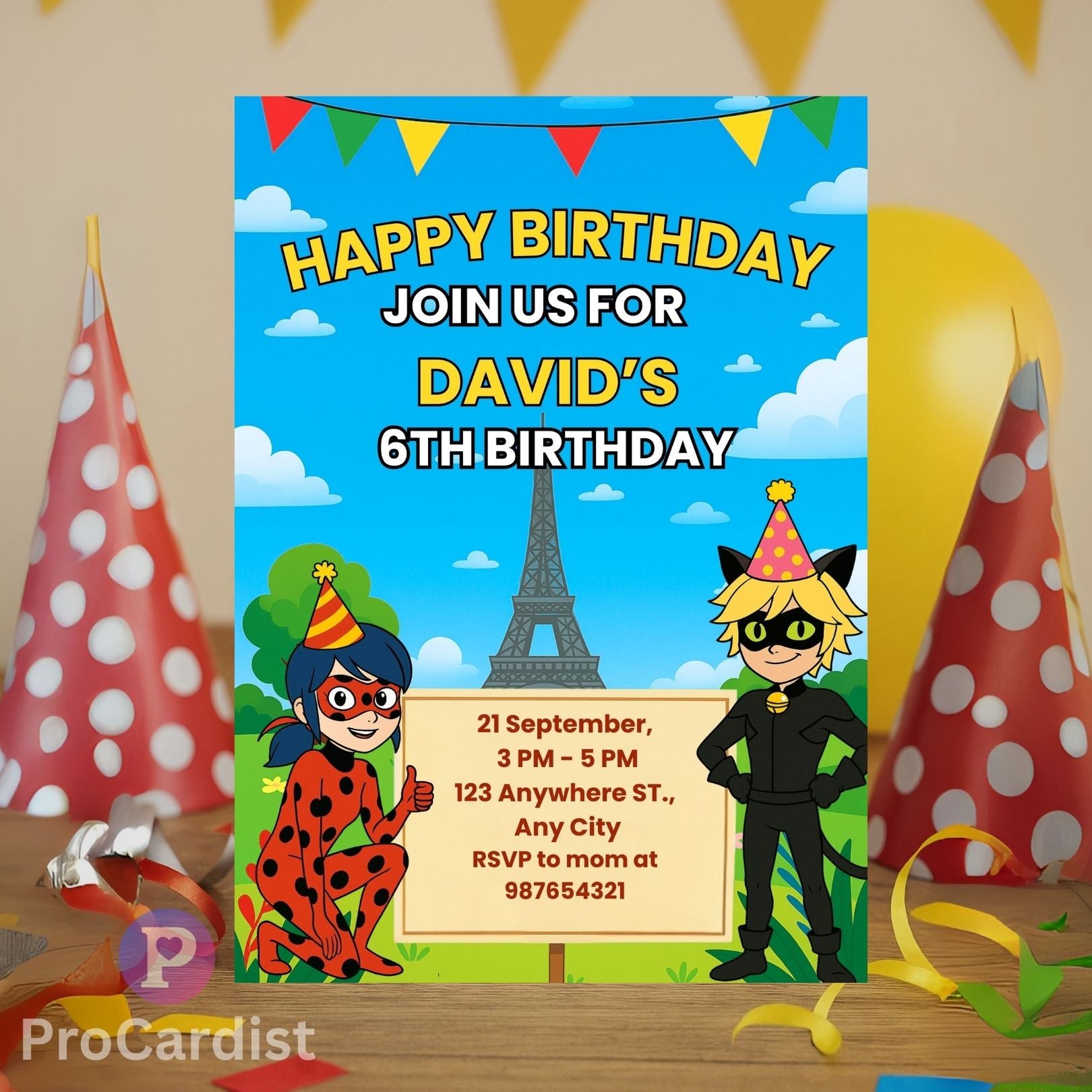 Miraculous Ladybug birthday invitation featuring colorful graphics for David's 6th birthday party