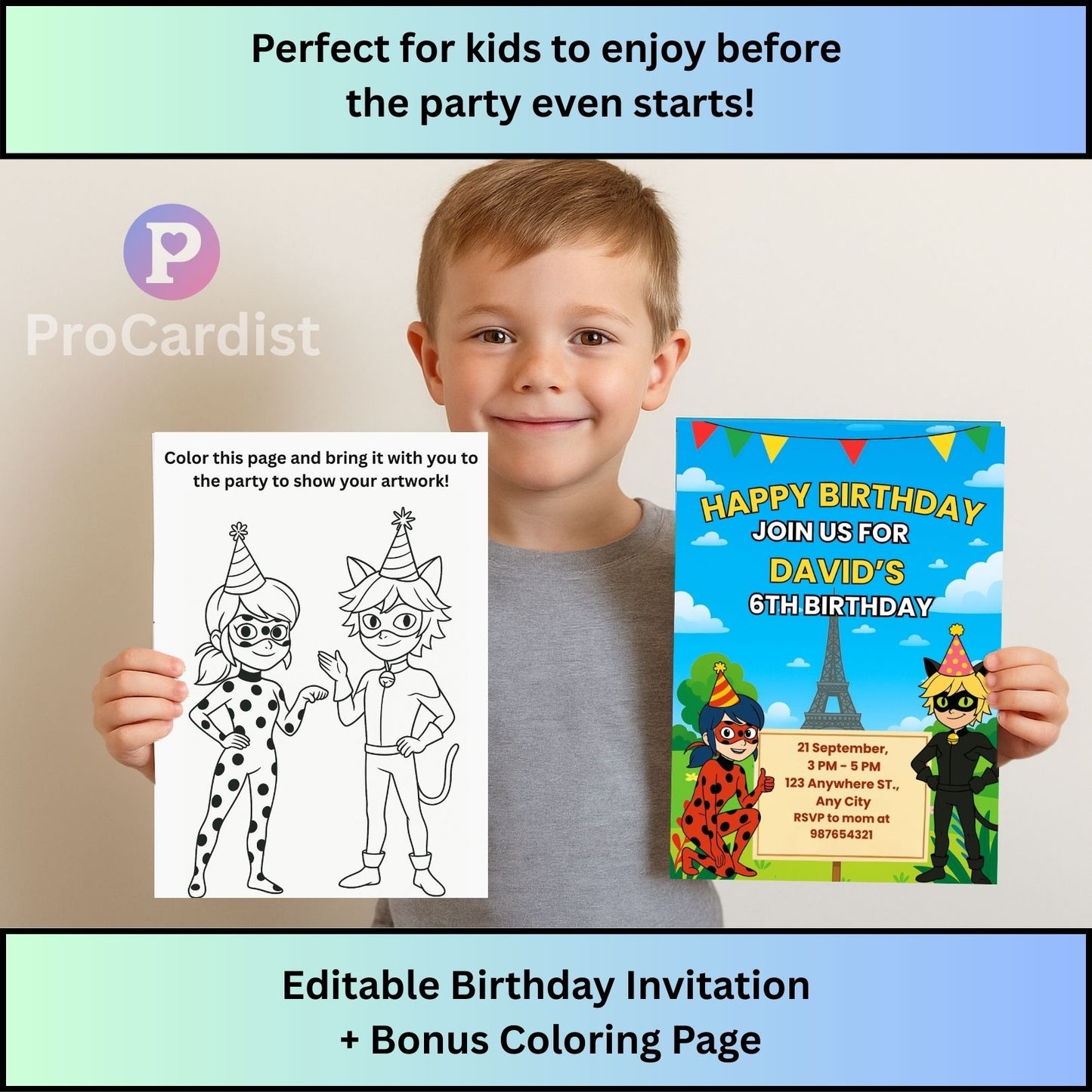 Miraculous Ladybug birthday invitation with celebratory design and editable details for kids' parties