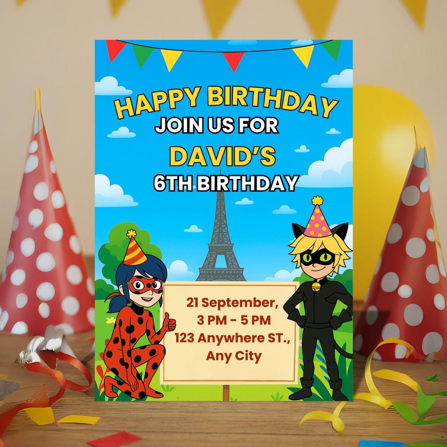 Miraculous Ladybug birthday invitation featuring Ladybug and Cat Noir with Eiffel Tower and party details
