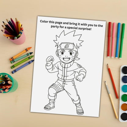 Naruto birthday invitation template coloring page showing Naruto line art with crayons colored pencils and paints