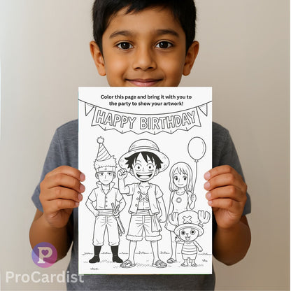 Child holding a One Piece birthday invitation template for coloring and party decor