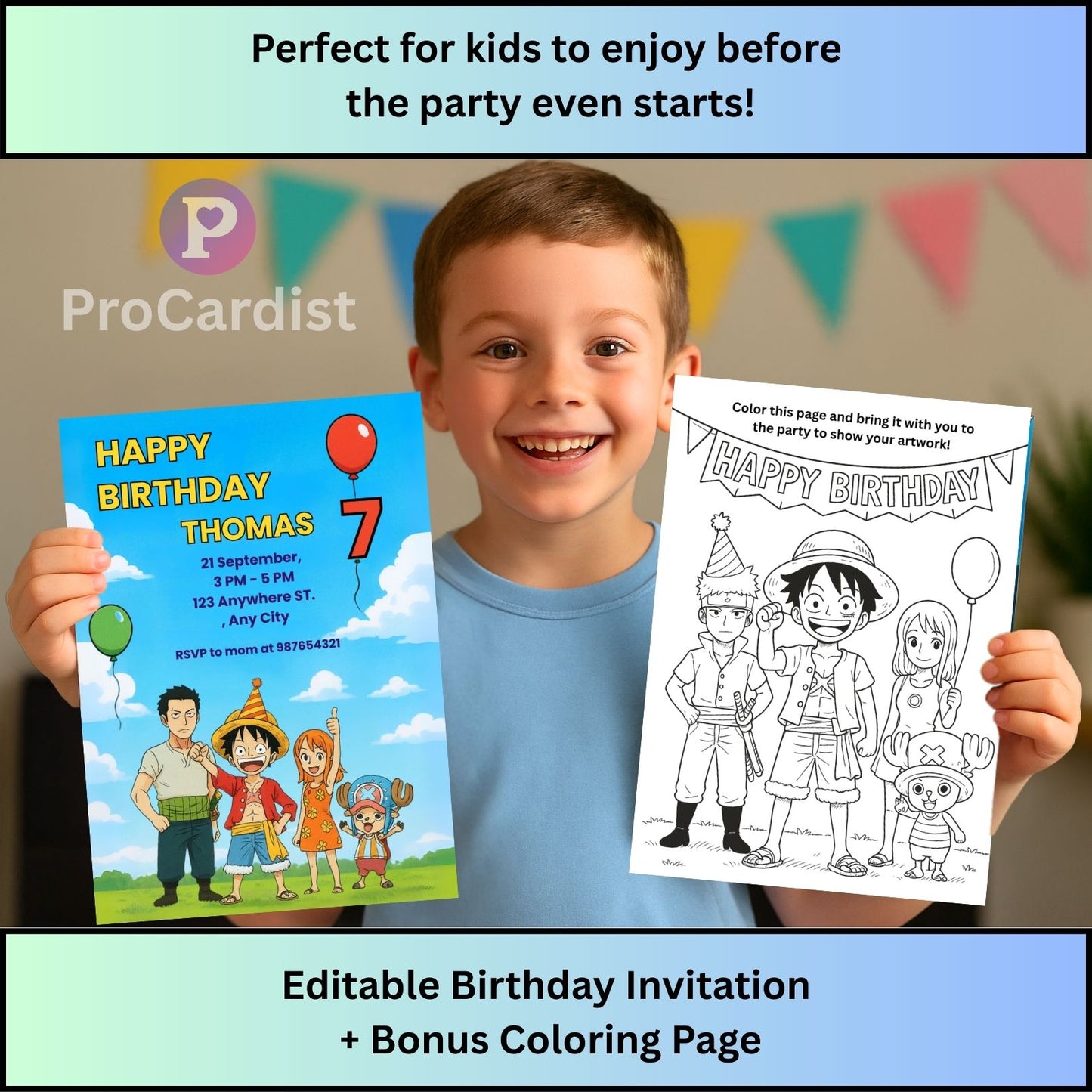 One Piece birthday invitation template with editable design and bonus coloring page for kids' party