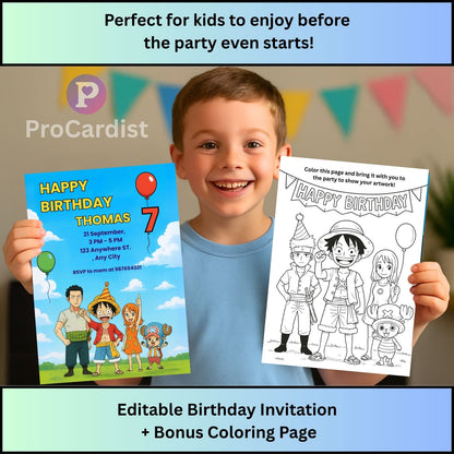One Piece birthday invitation template with editable design and bonus coloring page for kids' party