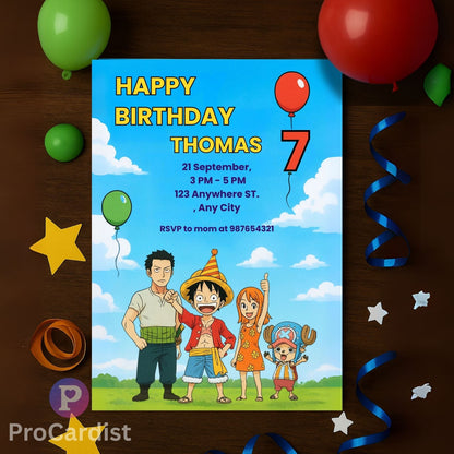 One Piece birthday invitation template featuring colorful characters and details for a fun celebration
