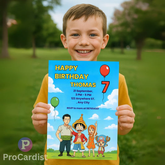 One Piece birthday invitation template featuring a cheerful boy holding the invitation in a park