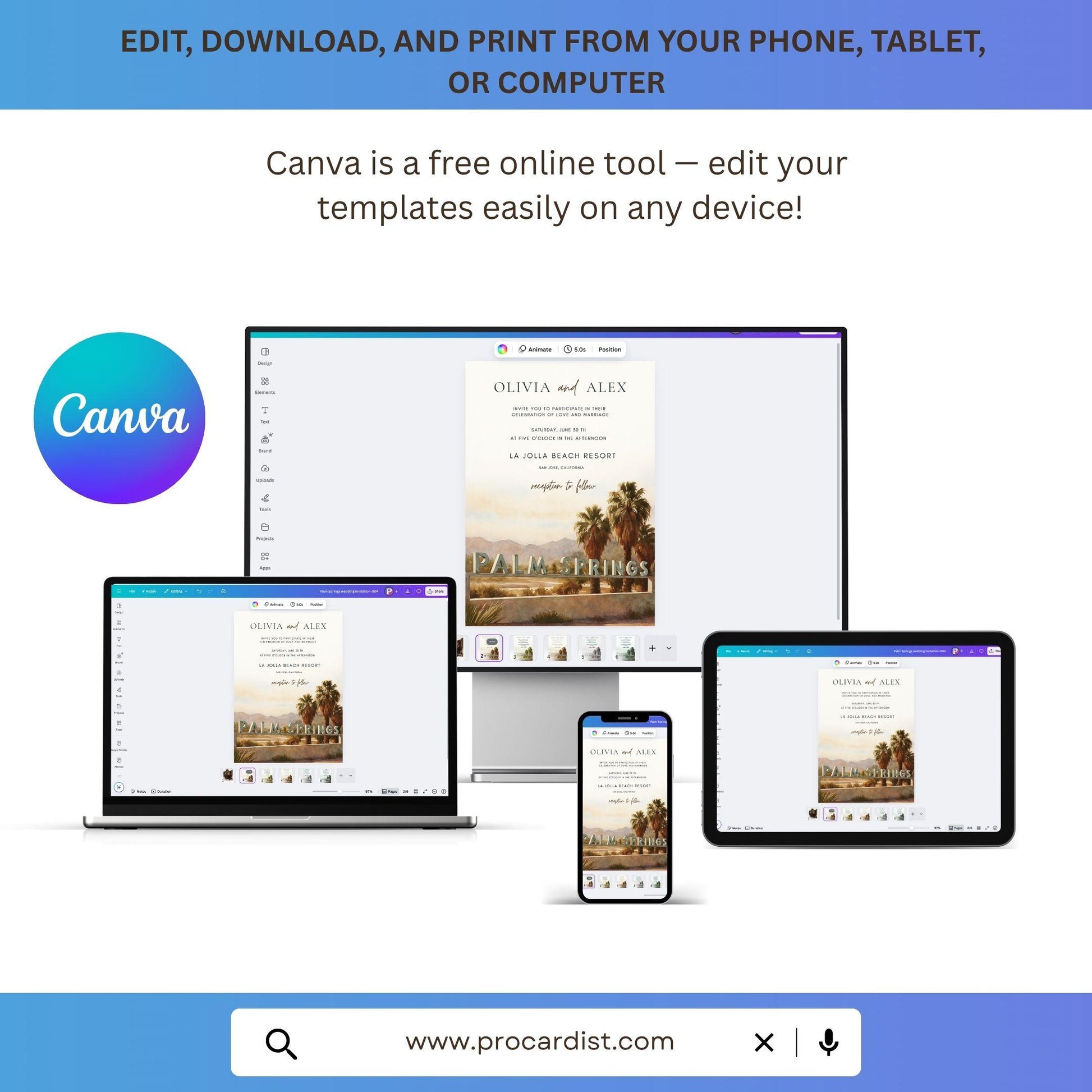 Editable Palm Springs wedding invitation template shown on computer, laptop, tablet, and phone for easy customization