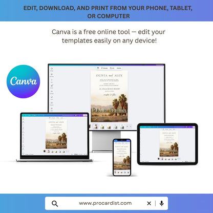 Editable Palm Springs wedding invitation template shown on computer, laptop, tablet, and phone for easy customization