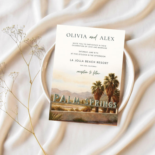 Editable Palm Springs wedding invitation template by ProCardist featuring palm trees and sunset background