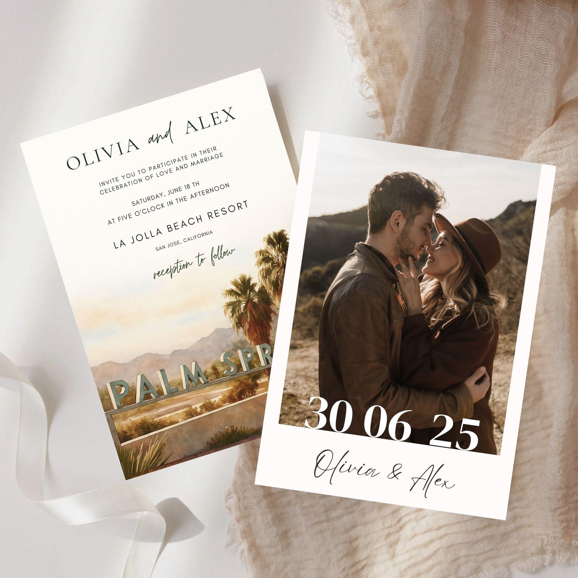 Editable Palm Springs wedding invitation template featuring couple photo and desert landscape design