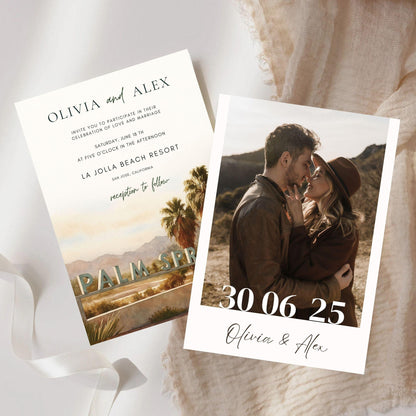 Editable Palm Springs wedding invitation template featuring couple photo and desert landscape design