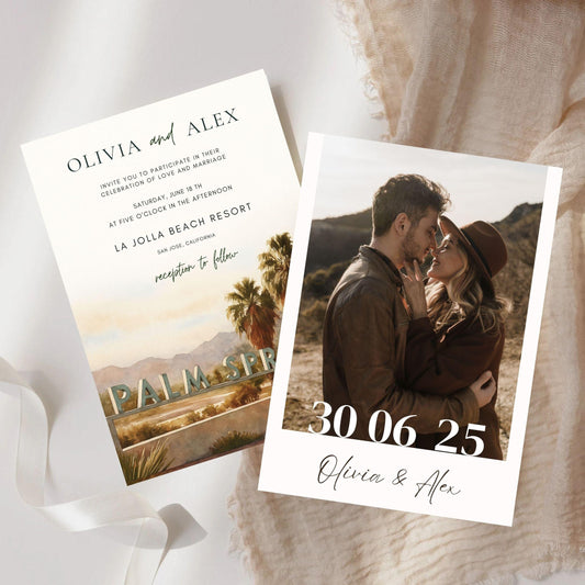 Editable Palm Springs wedding invitation template featuring couple photo and desert landscape design