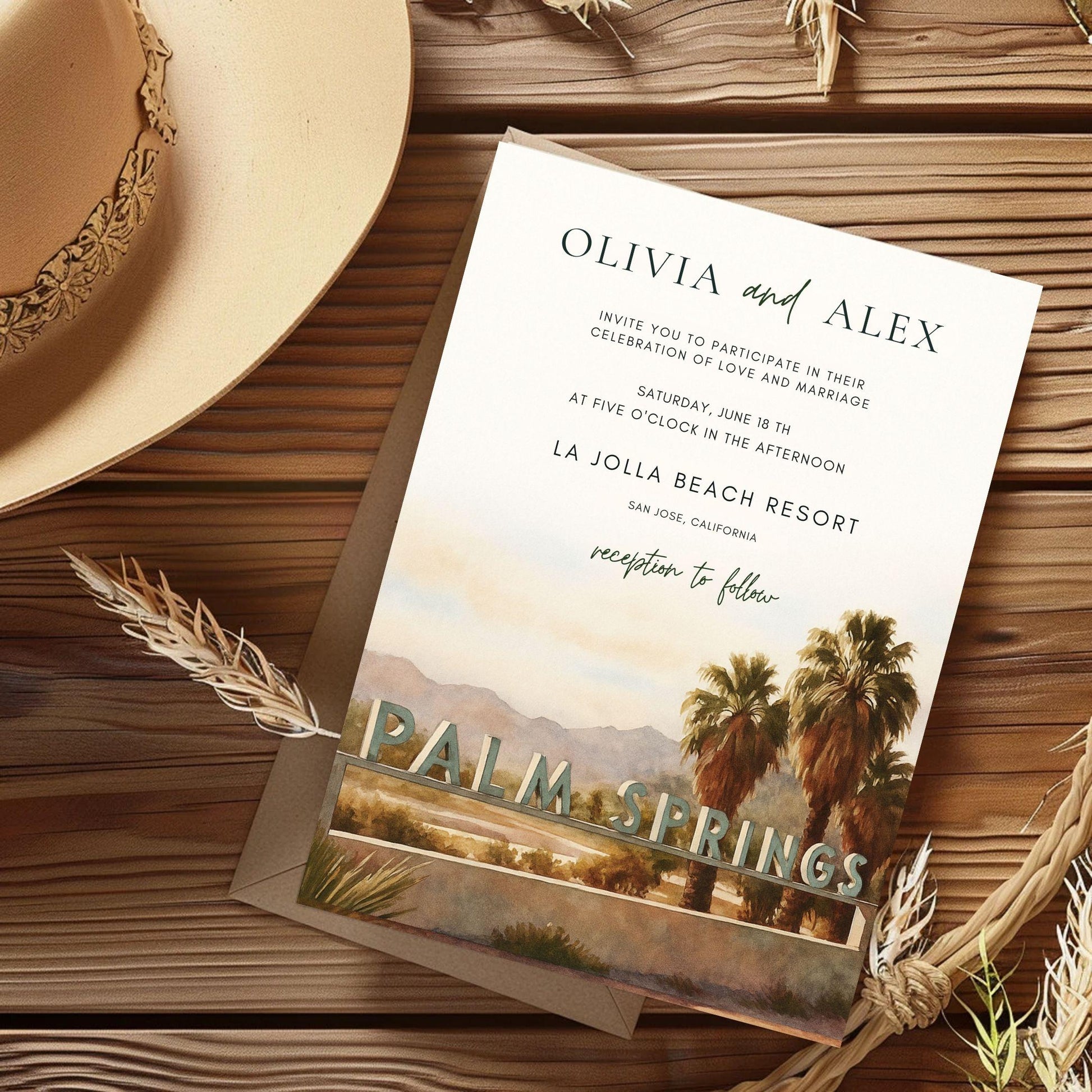 Editable Palm Springs wedding invitation template with palm trees and vintage sign on wooden background