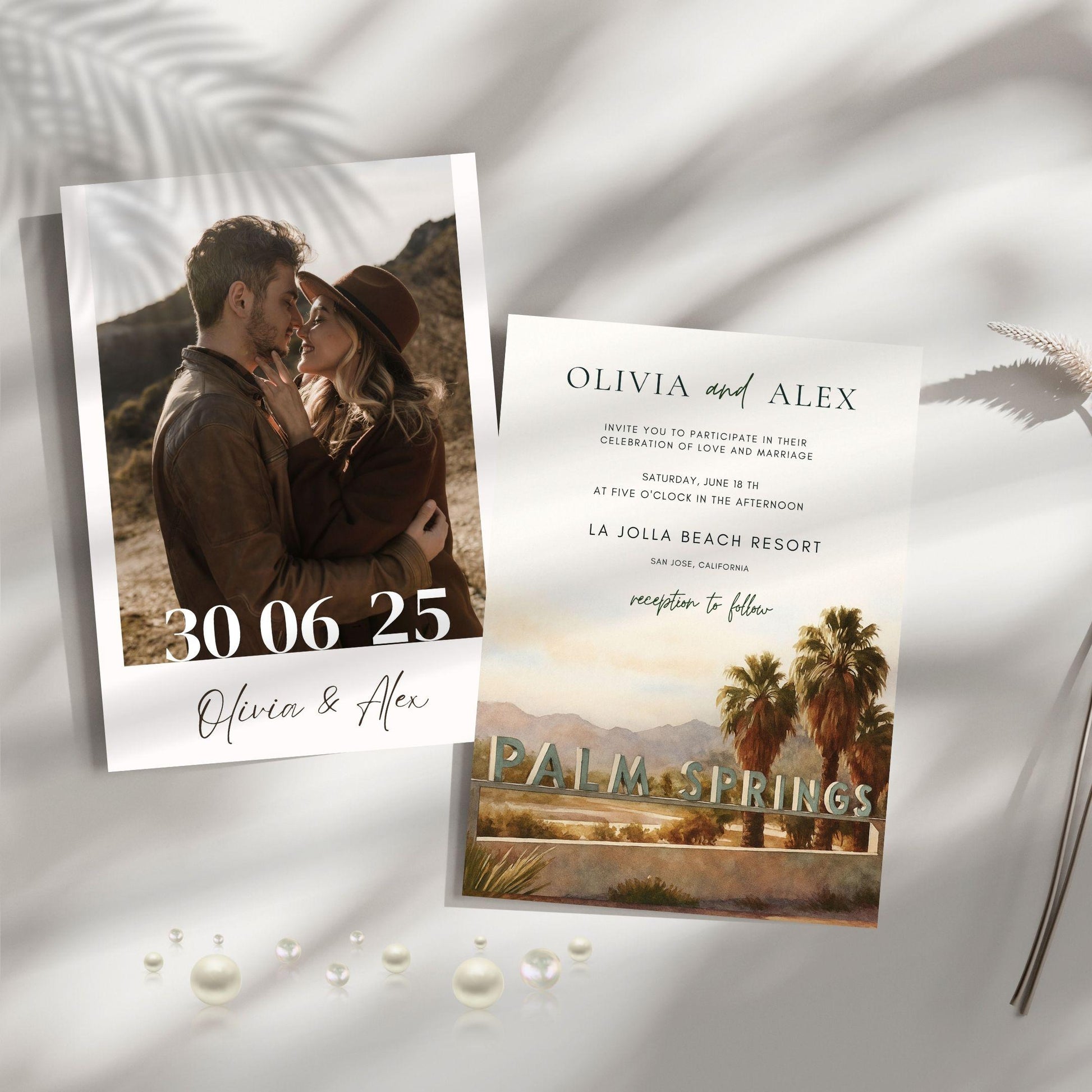 Editable Palm Springs wedding invitation template by ProCardist featuring scenic desert and couple photo
