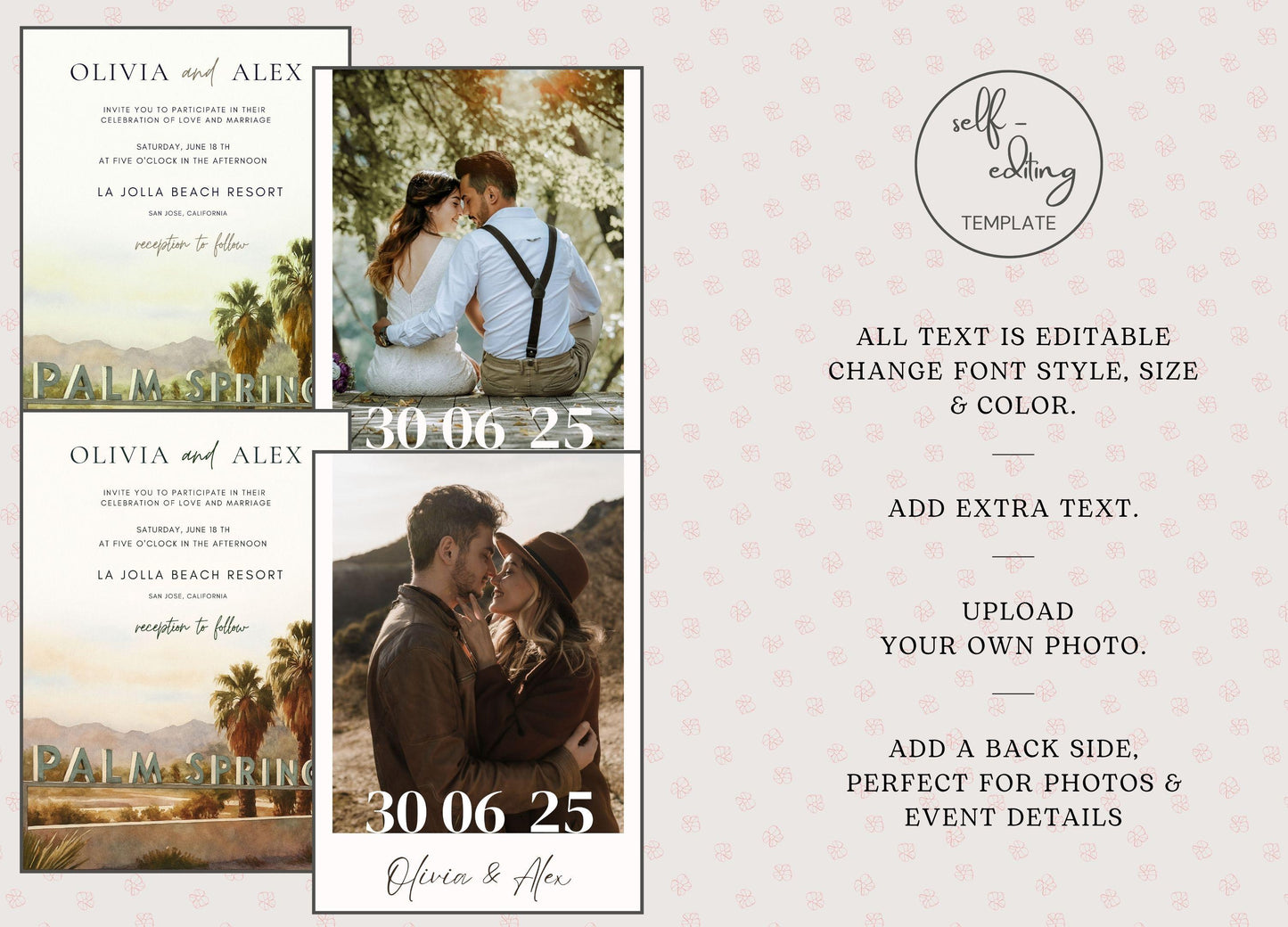 Palm Springs wedding invitation template editable Canva product by ProCardist with customizable text and photo options