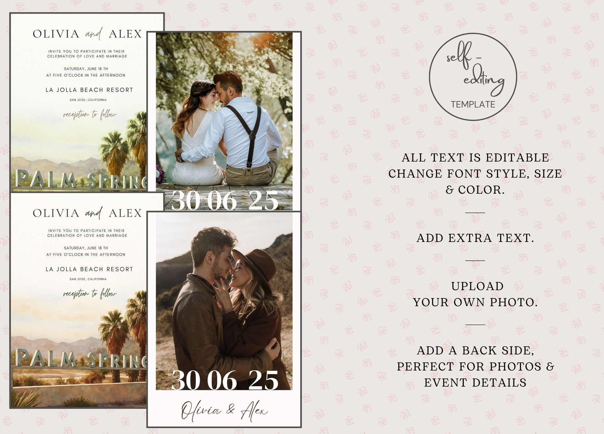 Palm Springs wedding invitation template editable Canva product by ProCardist with customizable text and photo options