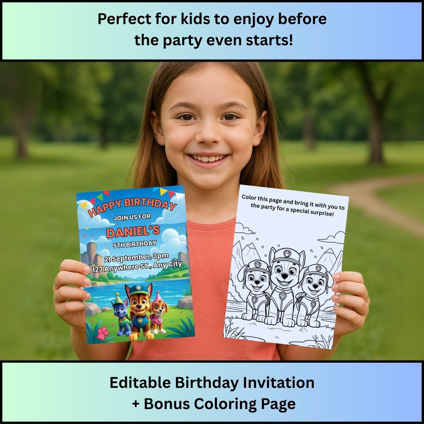 Girl holding a colorful Paw Patrol birthday invitation editable and matching coloring page outdoors smiling