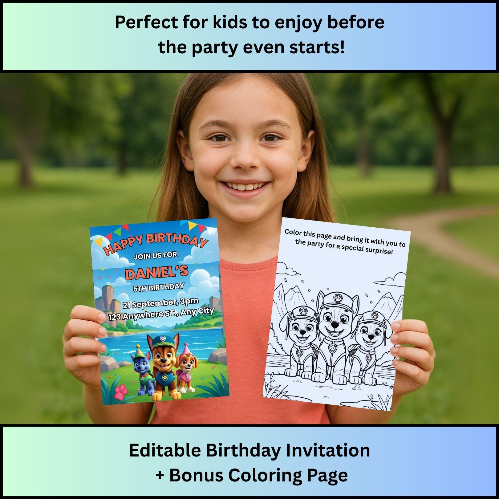 Girl holding a colorful Paw Patrol birthday invitation editable and matching coloring page outdoors smiling