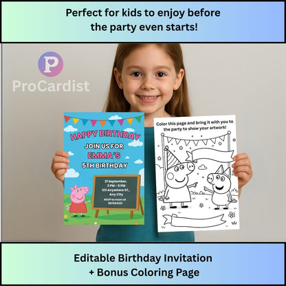Peppa Pig birthday invitation template featuring colorful design and editable details for kids' party